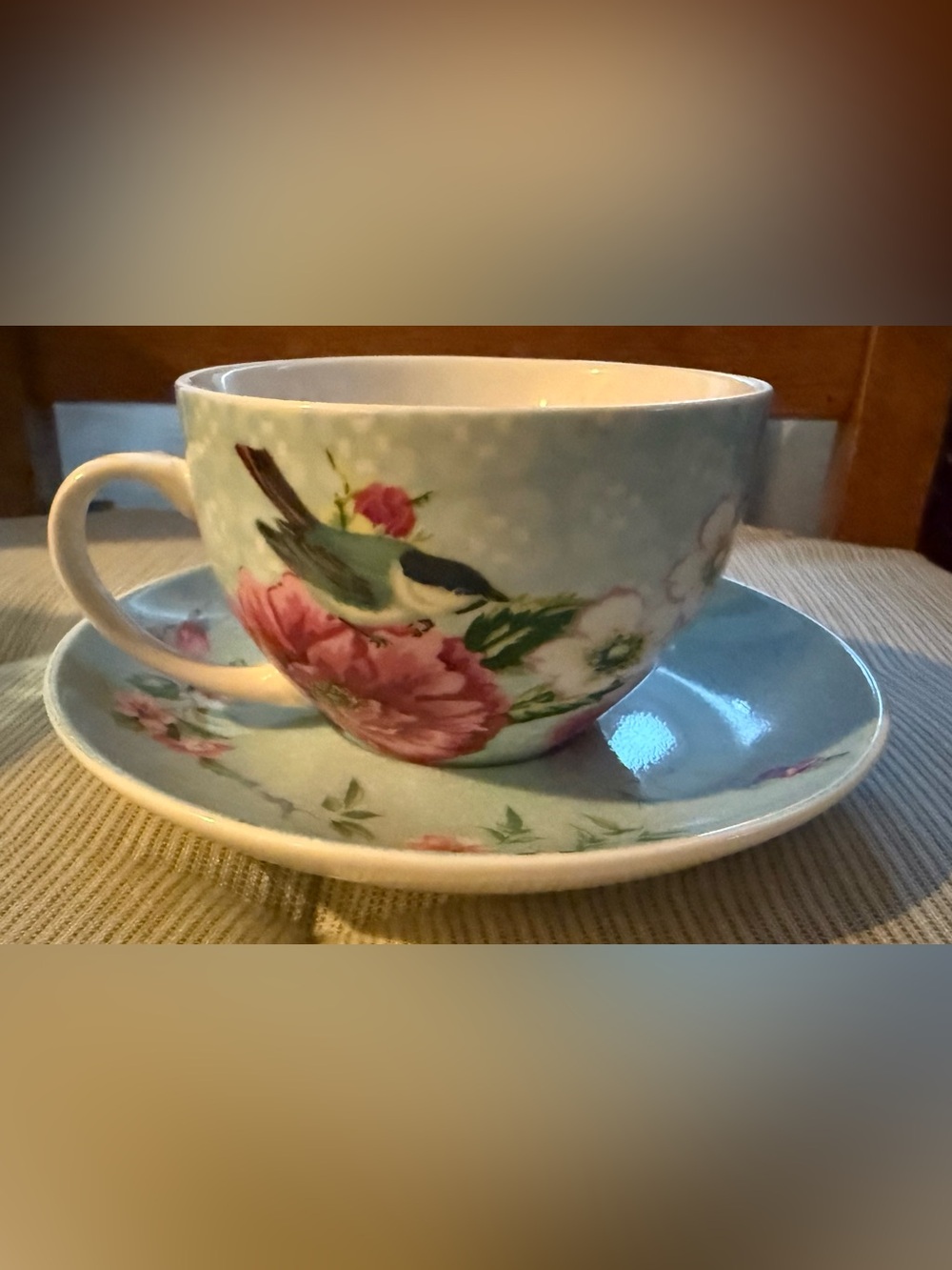 Floral Bird Teacup and Saucer Set in Light Blue pattern & pink floral accents